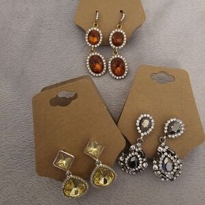 3 Pair Glamorous Rhinestone Drop Earrings